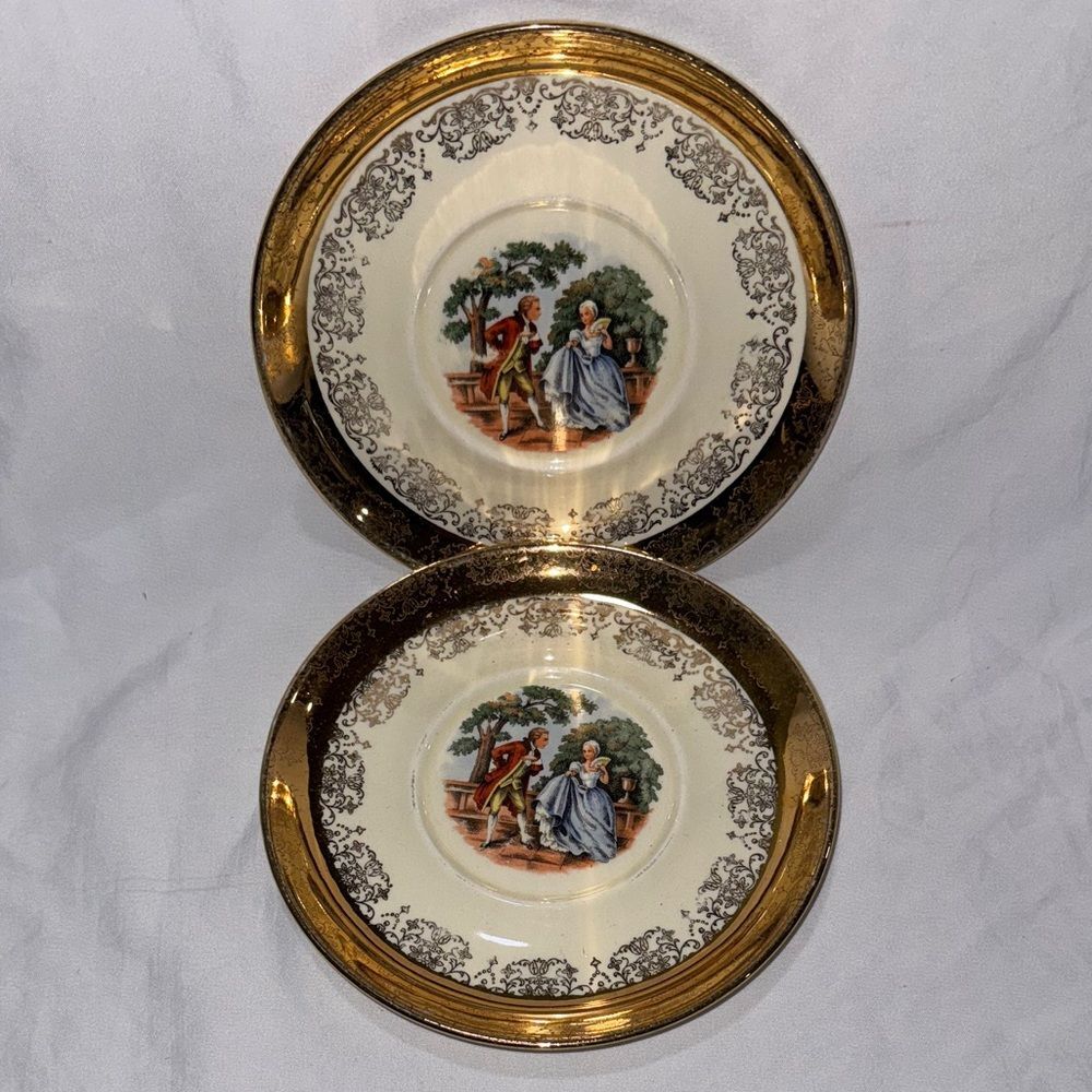Sabin Crest O Gold George Martha Teacup Saucer 22k Gold Courting Couple